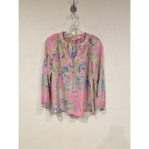 Lilly Pulitzer Elsa Blouse Womens XS Multi Squeeze the Day Silk Floral Top - Picture 1 of 5